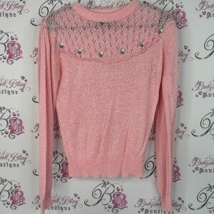 Chorus line sweater knit crochet embroidered floral details Pink Knit Sweater